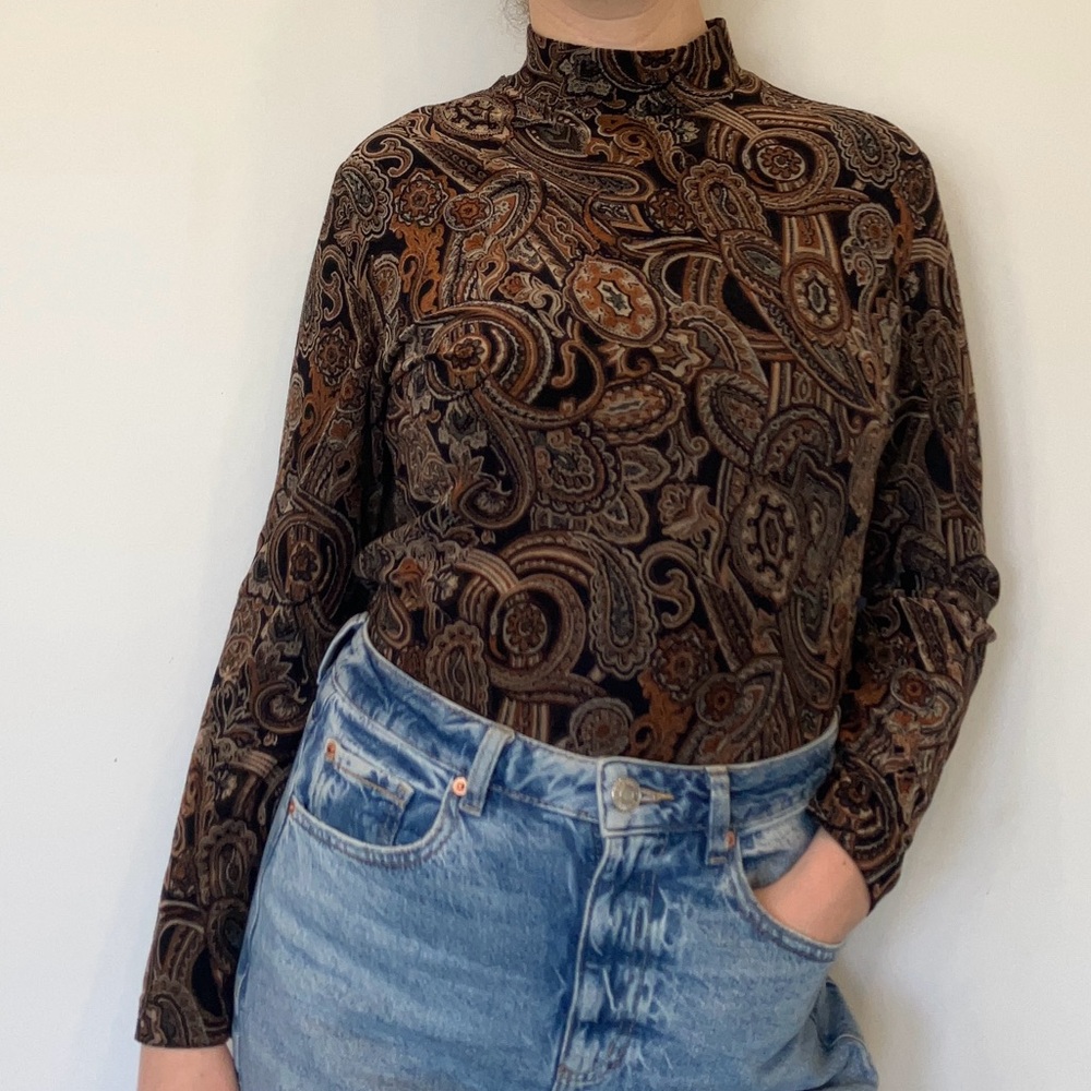 Vintage Brown Paisley Long Sleeve Top in size Small made in Canada